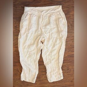Flax Pull On Linen Pants Cropped Split Hem Drawstring Waist Lagenlook Cream Sml